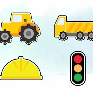 May include: A set of four construction-themed illustrations: a yellow tractor, a yellow dump truck, a yellow hard hat, and a red, yellow, and green traffic light.