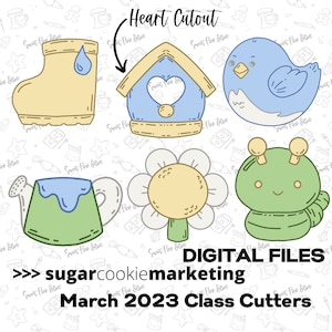 Puede incluir: Diseños digitales de cortadores de galletas para una casita de pájaros, una flor, una regadera, una bota y una oruga. Los diseños están delineados en negro y rellenos con varios colores, incluyendo azul, verde, amarillo y marrón. El texto "Heart Cutout" y "March 2023 Class Cutters" también se incluye en la imagen.