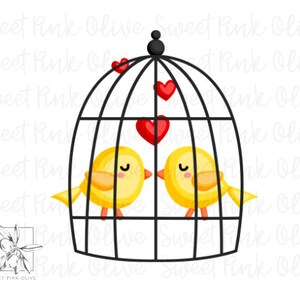 May include: Two yellow birds with closed eyes are inside a black metal cage.  There are three red hearts floating inside the cage.