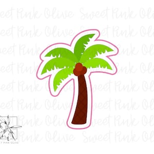 May include: A cartoon illustration of a palm tree with green leaves and a brown trunk. The tree is outlined in pink.