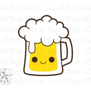 May include: A cartoon illustration of a beer mug with a happy face. The mug is yellow with a white foam top and a brown handle.