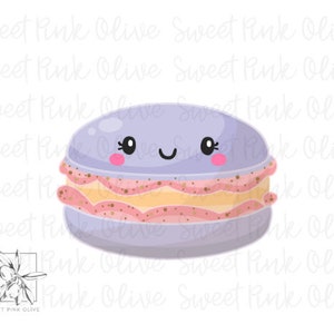 May include: A cartoon illustration of a lavender macaron with a smiling face. The macaron has pink filling with gold sprinkles and a light yellow center. The text "Sweet Pink Olive" is in the background.