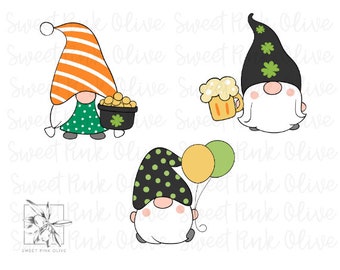 Könnte beinhalten: Drei Gnome mit verschiedenen Hüten und Accessoires. Ein Gnom trägt einen orange-weiß gestreiften Hut und hält einen Topf mit Gold. Ein anderer Gnom trägt einen schwarzen Hut mit Kleeblättern und hält ein Bierglas. Der dritte Gnom trägt einen schwarz-weißen Polka-Dot-Hut und hält zwei Ballons.