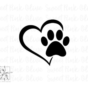 May include: Black and white silhouette of a paw print inside a heart shape.