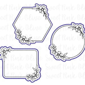 May include: Three black and white floral frame outlines. The frames are a hexagon, a circle, and a square. Each frame has a floral design in one corner.