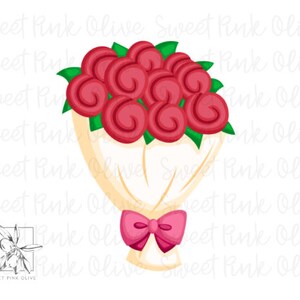 May include: A cartoon illustration of a bouquet of red roses with green leaves, wrapped in white paper and tied with a pink bow. The bouquet is a stylized design, perfect for Valentine's Day or other romantic occasions.