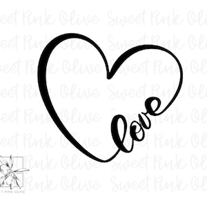 May include: Black and white graphic design of a heart with the word "love" written inside. The heart is drawn in a cursive style.