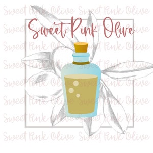 May include: A glass bottle with a cork stopper filled with a light yellow liquid. The bottle is surrounded by a sketch of olive branches.