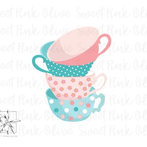 May include: A stack of four teacups with different patterns. The bottom cup is blue with white polka dots, the next cup is pink with white flowers, the next cup is teal with white polka dots, and the top cup is pink with a white rim.