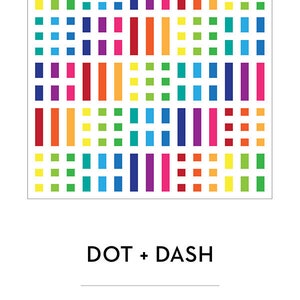 Puede incluir: Un diseño abstracto colorido con una cuadrícula de puntos y guiones en varios colores, incluidos rojo, naranja, amarillo, verde, azul, morado y rosa. El diseño se titula "DOT + DASH" y "MODERN HANDCRAFT".