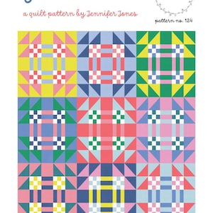 May include: A colorful quilt pattern titled "Gables" by Jennifer Jones. The design features geometric blocks in shades of yellow, pink, blue, and green. The pattern is available for toddler, throws, twin, full/queen, and king sizes.