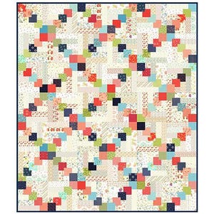 May include: A quilt pattern titled "Stacked Squares" by Melissa Corry. The quilt design features a repeating pattern of colorful squares in shades of red, blue, green, and cream. The text "scrap or fat quarter friendly in 7 sizes" is also visible.