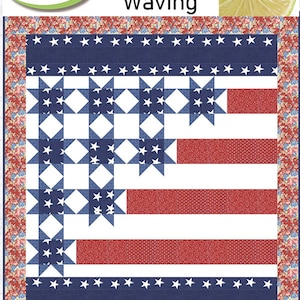 May include: A quilt pattern featuring a red, white, and blue American flag design with a floral border. The pattern is called "Flags Waving" and is designed by LavenderLime.