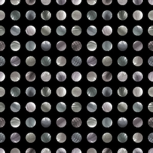 May include: A seamless pattern of gray and white circles with a feather texture on a black background.