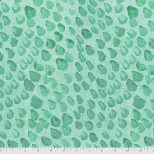 May include: A seamless pattern featuring a teal blue background with a repeating pattern of green, aqua, and blue abstract shapes. The shapes are reminiscent of water droplets or raindrops.