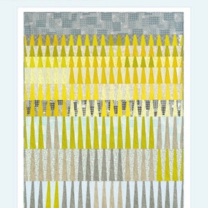 May include: A colorful quilt with a repeating pattern of yellow, green, and gray triangles. The quilt is labeled "long leaf" and measures 60.5" x 74.5" (Throw) and 36.5" x 48.5" (Baby). The quilt is designed by Carolyn Friedlander.