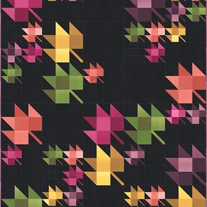 May include: A black background with a pattern of colorful maple leaves in shades of pink, red, green, and yellow. The leaves are arranged in a random pattern and are of different sizes.