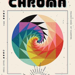 May include: A colorful quilt pattern called "Chroma" with a spiral design. The pattern is made up of triangles in shades of red, orange, yellow, green, blue, purple, and black. The quilt is 60 inches in diameter. The pattern is from Carafee Quiltery.