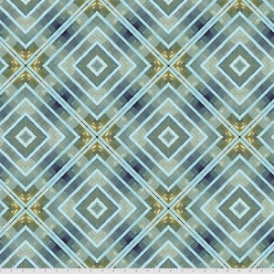 May include: A seamless pattern with a geometric design featuring overlapping squares in shades of blue, green, and gold. The pattern is symmetrical and creates a sense of depth and dimension.