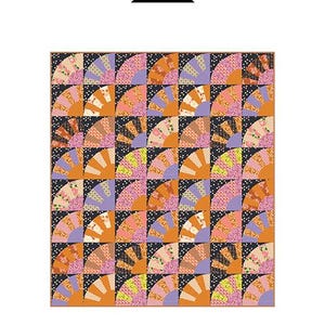 May include: A colorful quilt featuring a fan pattern in shades of orange, pink, and purple. The quilt is made up of numerous fan-shaped blocks, each with a unique design. The quilt is set against a white background. The text "Blooming Fan Quilt" is at the bottom.