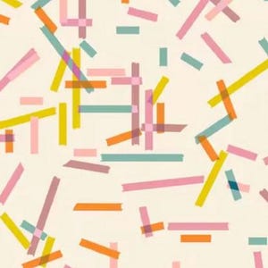 May include: A pattern featuring scattered, overlapping rectangular strips of tape in shades of pink, orange, yellow, and teal against a solid off-white background. The strips are arranged in various horizontal and vertical orientations.