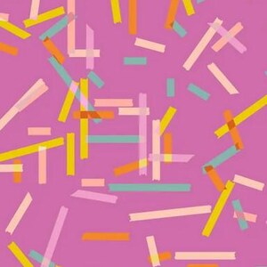 May include: A vibrant magenta background featuring a scattered pattern of translucent rectangular strips in various colors including yellow, orange, light pink, and teal. The strips are oriented in different directions, creating a layered effect.