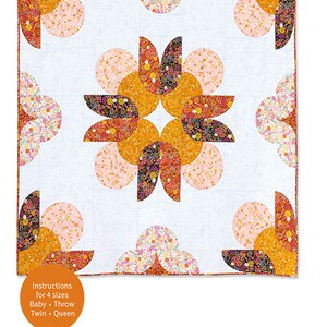 May include: A quilt pattern featuring a large flower design with orange, pink, and purple fabric. The pattern is called "Big Island Blooms Quilt" and is available in four sizes: baby, throw, twin, and queen. The pattern is by Whole Circle Studio.