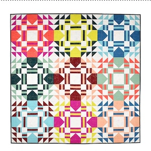 May include: A quilt pattern called "Everglow" by Eliane Bergmann. The quilt features a colorful patchwork design with geometric shapes in shades of red, orange, yellow, green, blue, and pink. The pattern is available for various sizes, including pillow, baby, lap, small throw, large throw, twin, and bed.