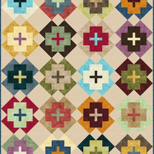May include: A quilt pattern with a repeating design of a plus sign in a square. The quilt is made up of 20 squares, each with a different color and pattern. The colors include blue, green, red, yellow, brown, and white.