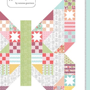 May include: A quilting pattern for a butterfly-shaped quilt block. The pattern is called "Butterfly Patch" and is numbered #176. The block is made up of a variety of colorful fabrics with floral, geometric, and star patterns.