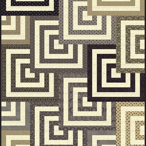 May include: A quilt with a geometric pattern of squares and rectangles in shades of gray, black, and beige. The pattern is made up of different fabrics with various textures and designs.