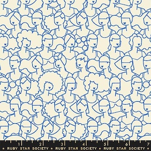 May include: A seamless pattern featuring a repeating design of blue outlined faces with hearts on a cream background.