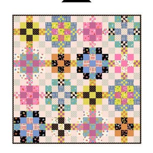 May include: A colorful quilt with a repeating pattern of squares in pink, blue, yellow, and black. The quilt has a black border and the text "Roulette Quilt" in a black rectangle at the bottom. The top of the quilt has the text "ALEXIA MARCELLE ABECG" in a semi-circle.
