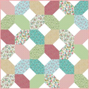 May include: A quilt block pattern with a variety of colorful fabrics. The fabrics feature floral, geometric, and animal prints. The quilt block is made up of 16 individual squares.