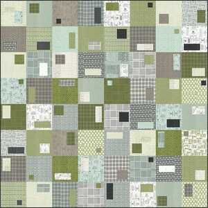 May include: A quilt made of various fabric squares in shades of green, gray, and white. The squares are arranged in a random pattern, creating a modern and abstract design.