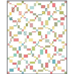 May include: A quilting pattern called "Dizzy Days Irish Chain" by Melissa Corry. The pattern features a colorful patchwork design with a white background. The pattern is described as "scrap or layer cake friendly in 6 sizes".