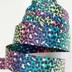 May include: A roll of colorful leopard print ribbon. The ribbon features a rainbow gradient of colors, including pink, purple, blue, green, and yellow, with black spots. The ribbon is tightly wound, showcasing the pattern and texture.