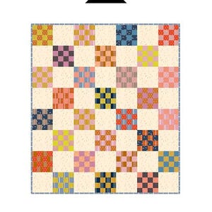 May include: A sixteen-patch quilt design with a grid pattern. Each square features a different patterned fabric in colors like orange, pink, blue, and yellow. The quilt has a cream-colored background and a border. The text "Sixteen Patch Quilt" is at the bottom.