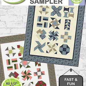 May include: A quilt pattern sampler with 12 different quilt blocks. The blocks are in shades of blue, green, red, and white. The sampler is 62 1/2 inches by 76 1/2 inches. The text "SIMPLE SAMPLER" is at the top of the image. The text "FAST & FUN 12 BLOCK SAMPLER" is at the bottom of the image.
