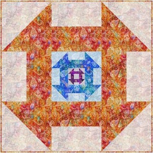 May include: A quilt block with a geometric design featuring a central square with a smaller square inside. The outer squares are blue and white, while the inner square is purple. The background is a colorful paisley pattern in shades of orange, red, and yellow.