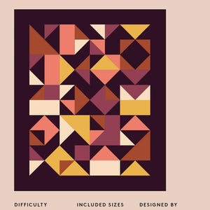 May include: Home Street Quilt Pattern with geometric shapes in shades of peach, gold, and burgundy on a dark purple background. Includes sizes for wall hanging, baby, throw, twin, and bed. Designed by The Blanket Statement.