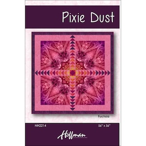May include: A quilting pattern called "Pixie Dust" with a fuchsia color scheme. The pattern features a geometric design with a central square and radiating triangles. The pattern is 56 inches by 56 inches.