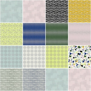 May include: A digital collage of 16 different seamless patterns. The patterns are geometric and abstract, featuring various colors and textures. The patterns include a grid pattern, a polka dot pattern, a striped pattern, and a terrazzo pattern.