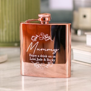 Personalised Floral Hip Flask Gift For Her | Jack Daniels Present for Mothers Day Travel | Personalised Hip Flask Floral Gift for Mum