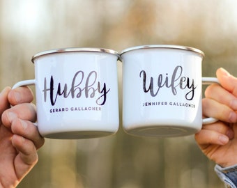 Personalised Hubby and Wifey Enamel Mug, Custom Enamel Mug, Personalised Enamel Mug, Gift For Couples, Anniversary Gift, Couple Enamel Mug