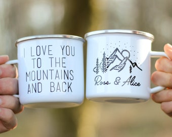Personalised Love You To The Mountains Enamel Mug, Travel Enamel Mug, Custom Enamel Mug, Personalised Camping Mug, Enamel Mug Personalised