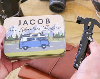 Personalised Campervan Hammer Multi Tool And Tin Box Travel gift birthday present for men or Dad Tool box screwdriver set survival equipment