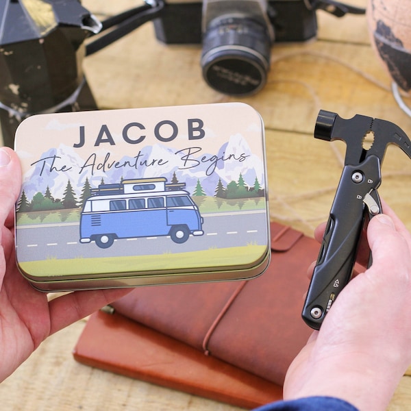 Personalised Campervan Hammer Multi Tool And Tin Box Travel gift birthday present for men or Dad Tool box screwdriver set survival equipment