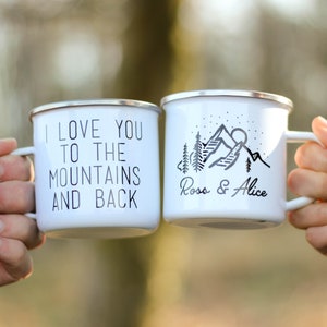 Personalised Love You To The Mountains Enamel Mug, Travel Enamel Mug, Custom Enamel Mug, Personalised Camping Mug, Enamel Mug Personalised image 1