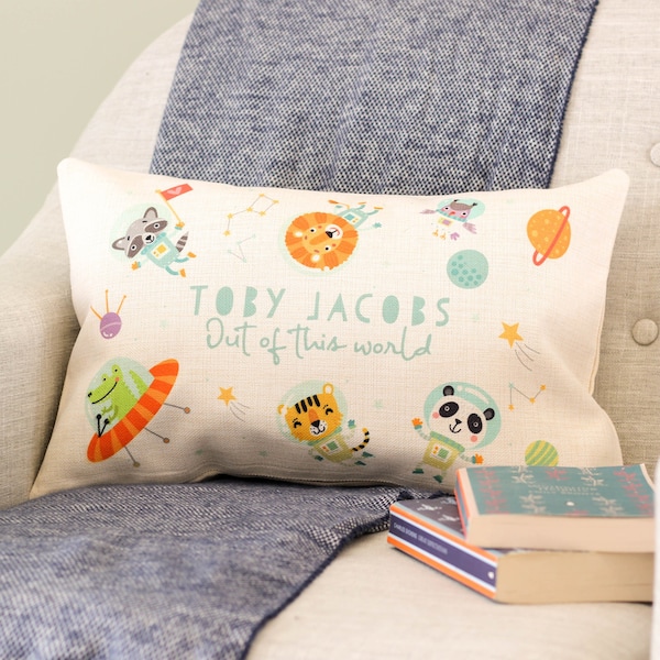 Personalised Animals In Space Cushion | Toddler Pillow for Nursery or Bedroom Decor | Customised Kids Pillow Gift for Daughter's Room